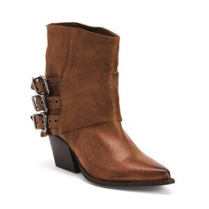 MILANO N6 Tan Made In Italy Leather 3 Buckles Fold Over Booties
